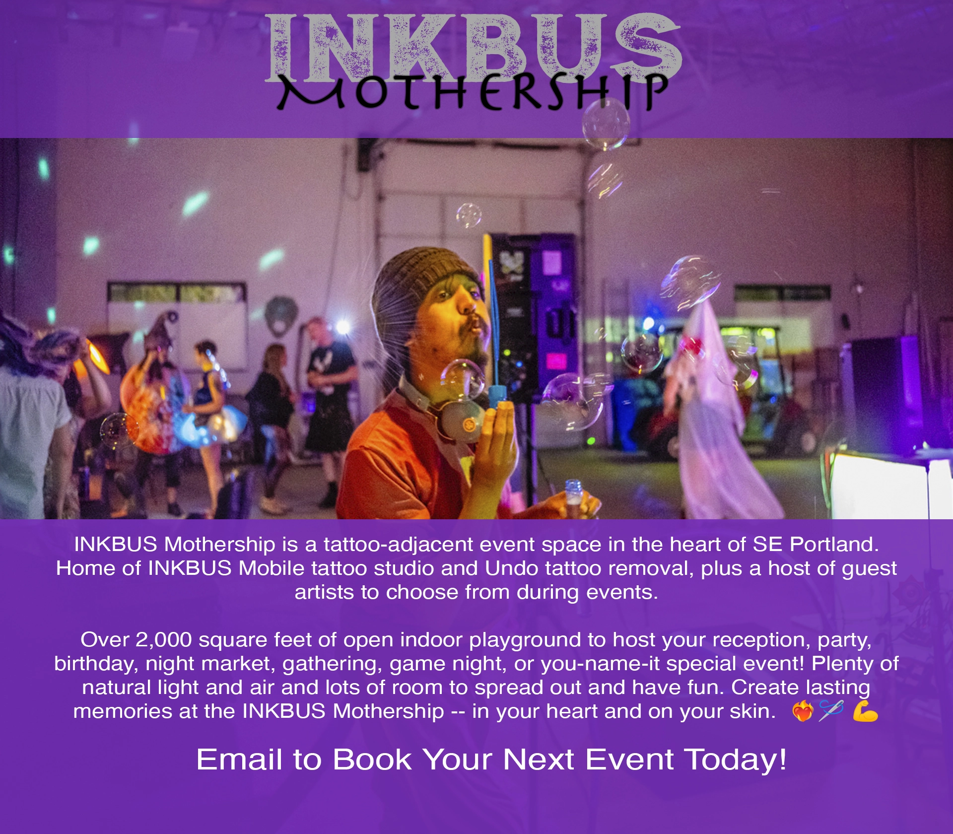 Mothership during an event, with description: 2000 sq ft, multiple tattoo artists, and multi-use